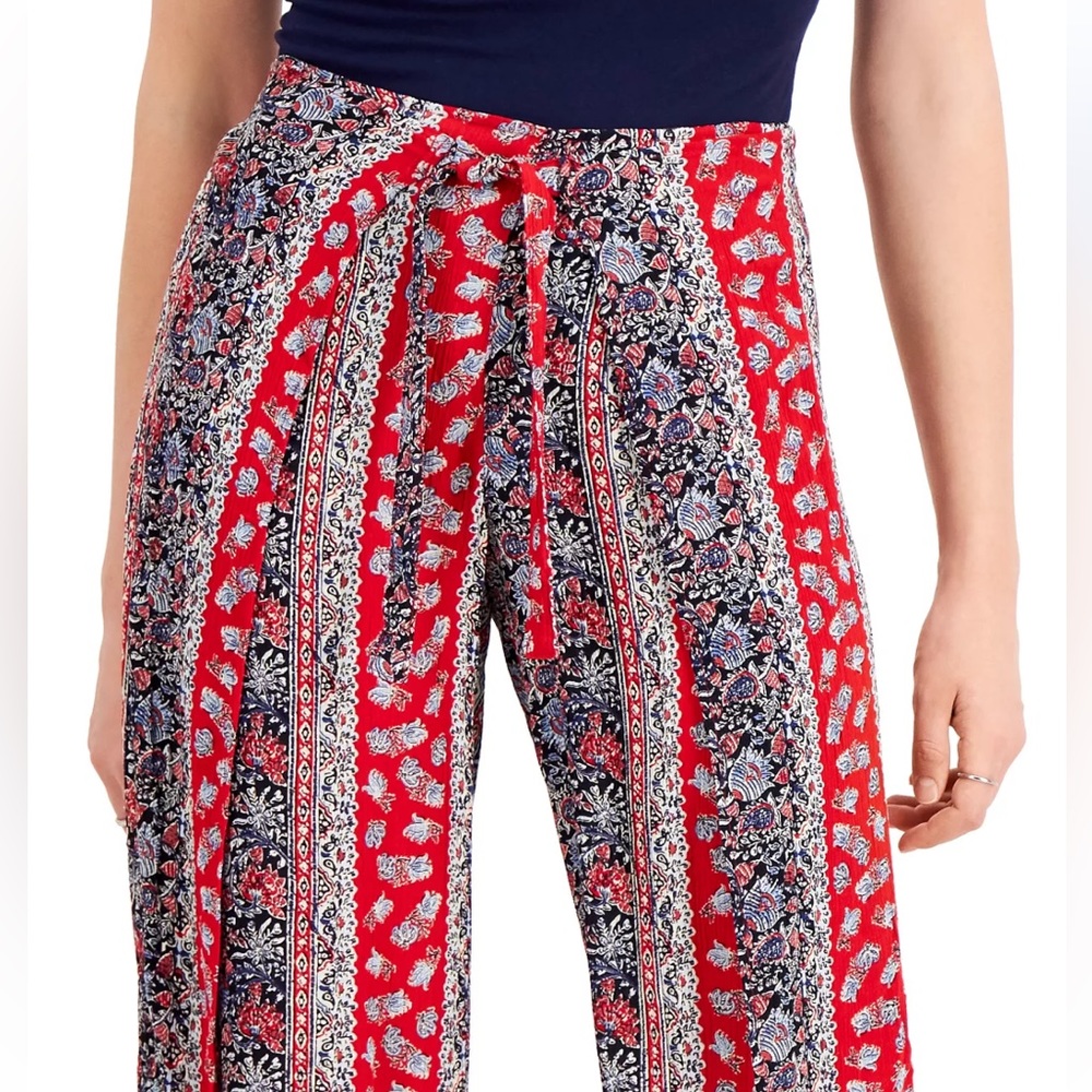 Boho Flowing Wide Leg Wrap Pants Floral Mid-rise Tie Elastic Waist Large…